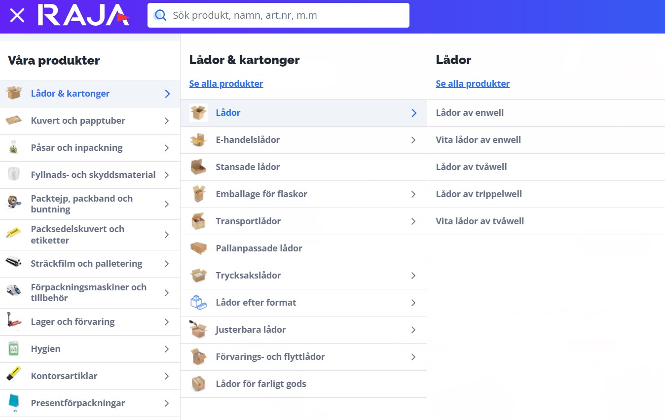 Bild på nya sidmenyn på rajapack.se